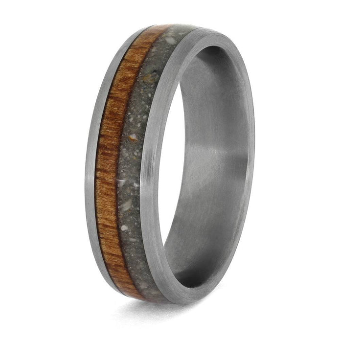 Angled view of cremation ring with wood and ashes inlays.