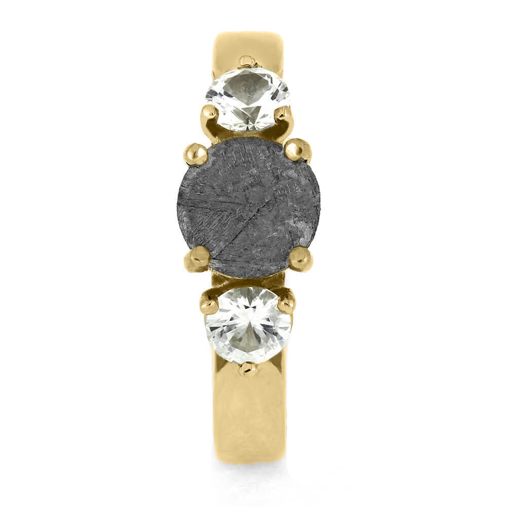 Front view of three stone meteorite engagement ring