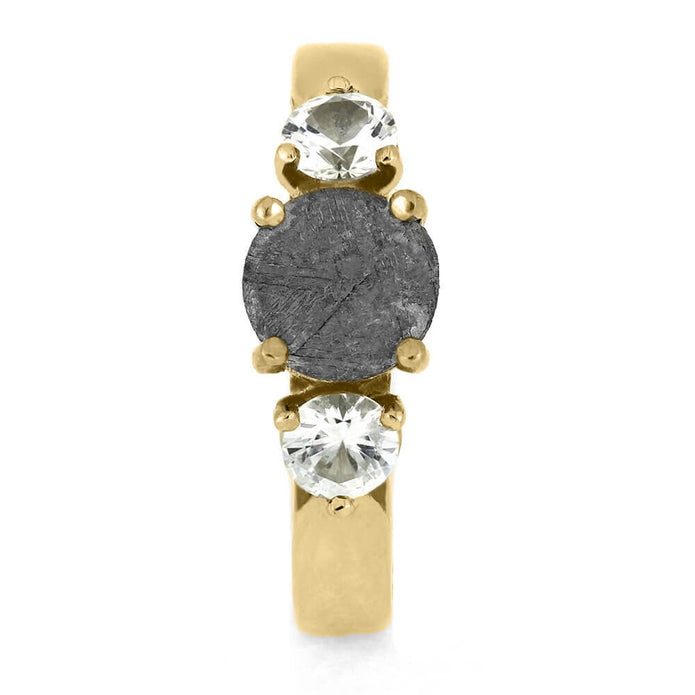 Front view of three stone meteorite engagement ring