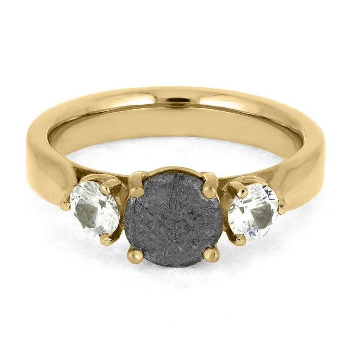 Top view of meteorite engagement ring with three stones