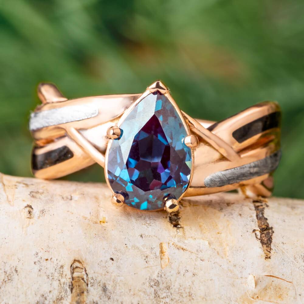 Meteorite and Fossil Engagement Ring in Rose Gold