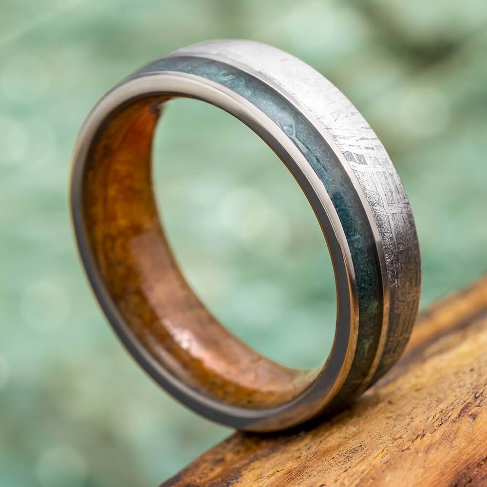 Emerald Birthstone Wedding Band with Meteorite and Whiskey Oak Wood