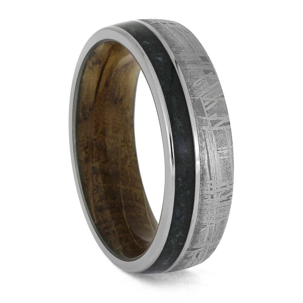 Meteorite and Whiskey Oak Ring with Emeralds