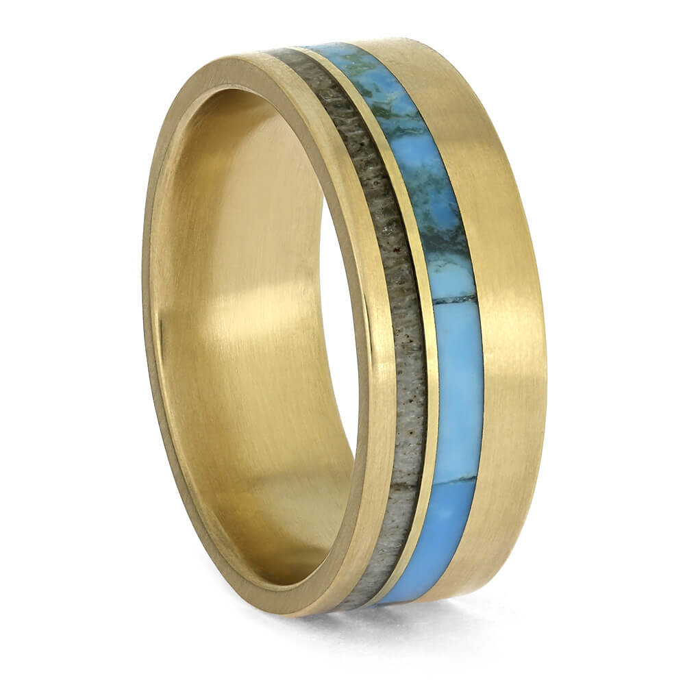 Matte Gold Wedding Band with Antler and Turquoise