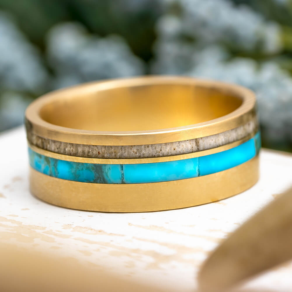 Gold and Turquoise Wedding Band with Antler