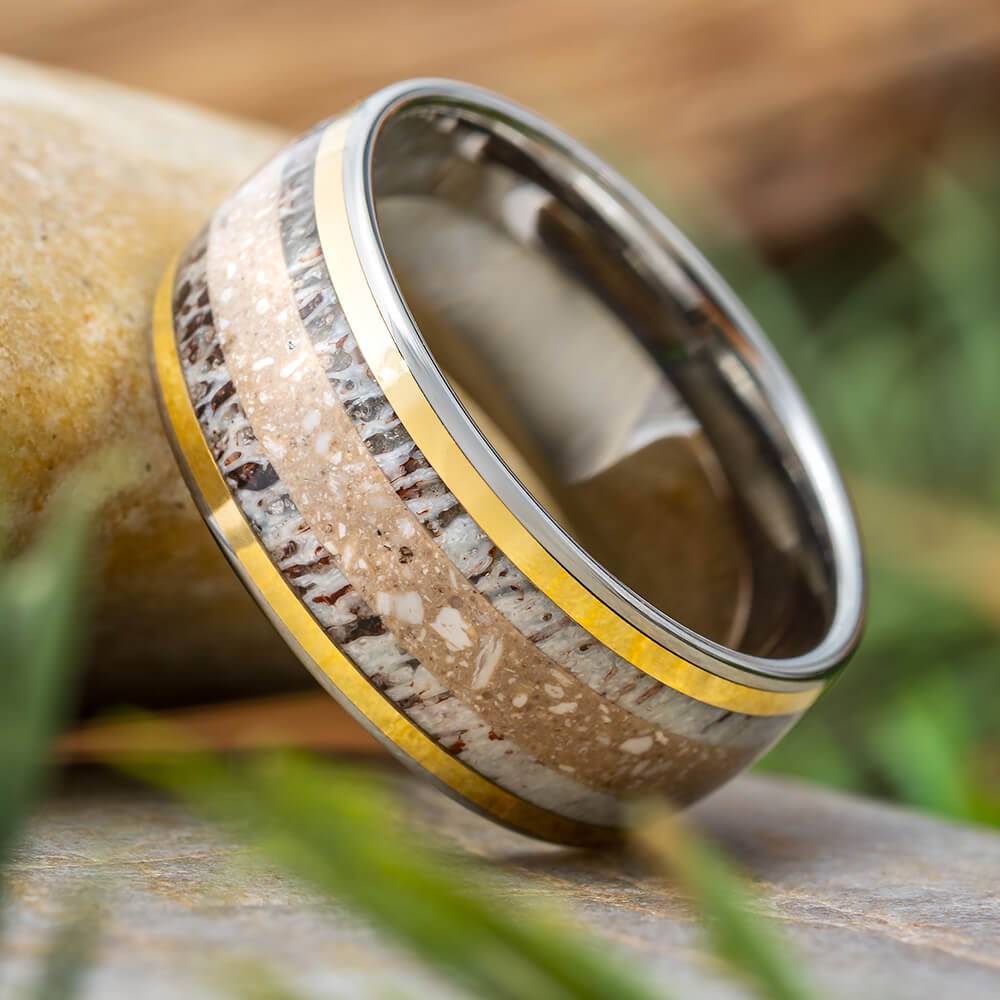 Memorial Ring with Deer Antler and Gold Pinstripes