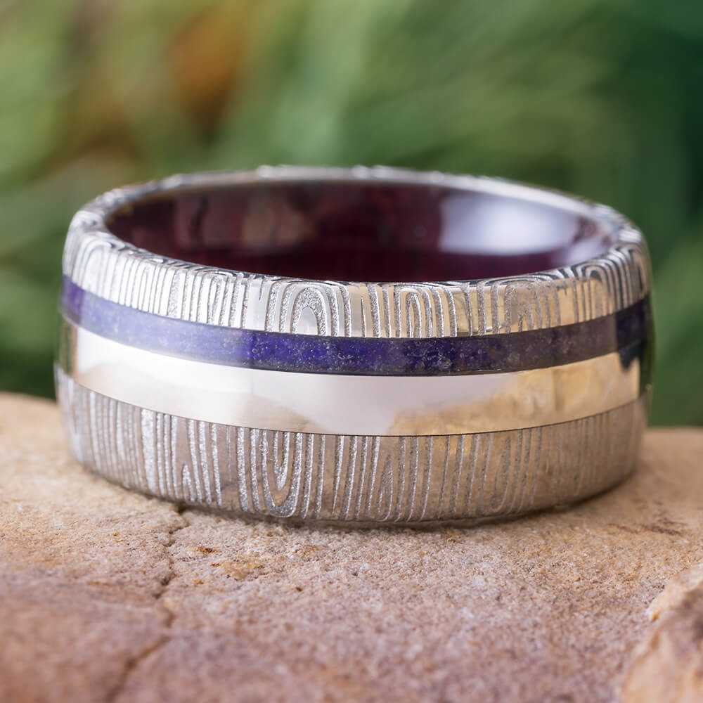 Damascus Wedding Band with Purple Accents