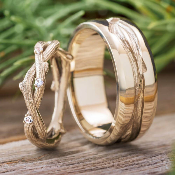 Unique wedding band set for couple, oak ring, wedding rings for woman and man, branch ring, leaves ring, nature jewelry, retailer black and gold ring