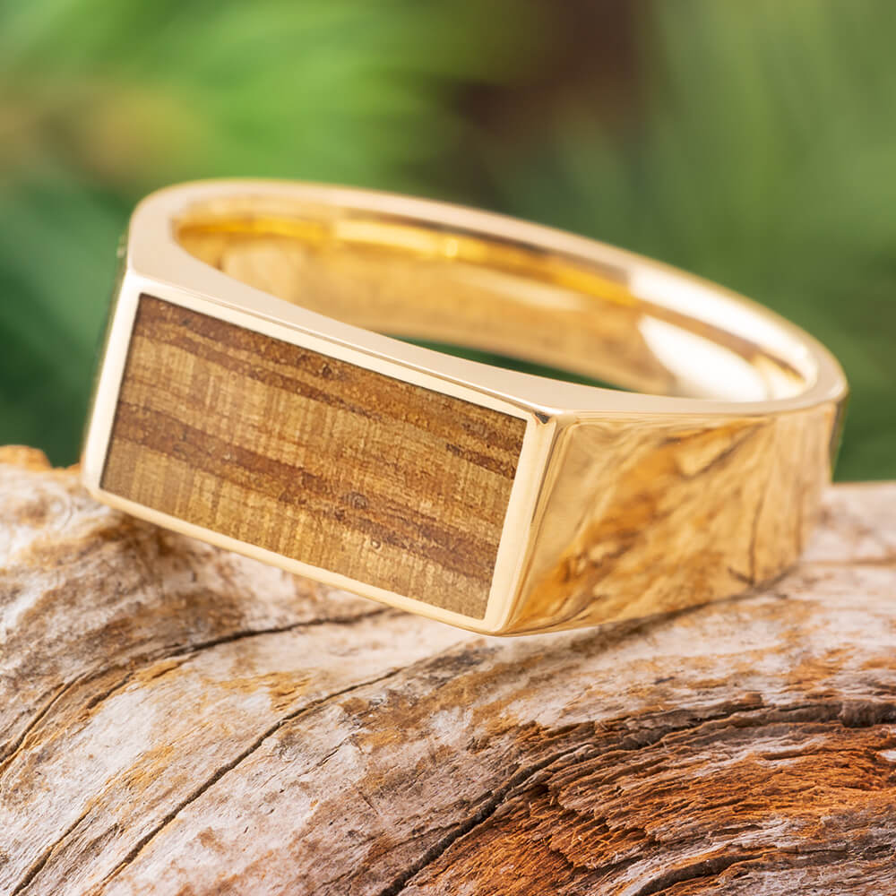 Gold and Whiskey Barrel Wood Signet Ring