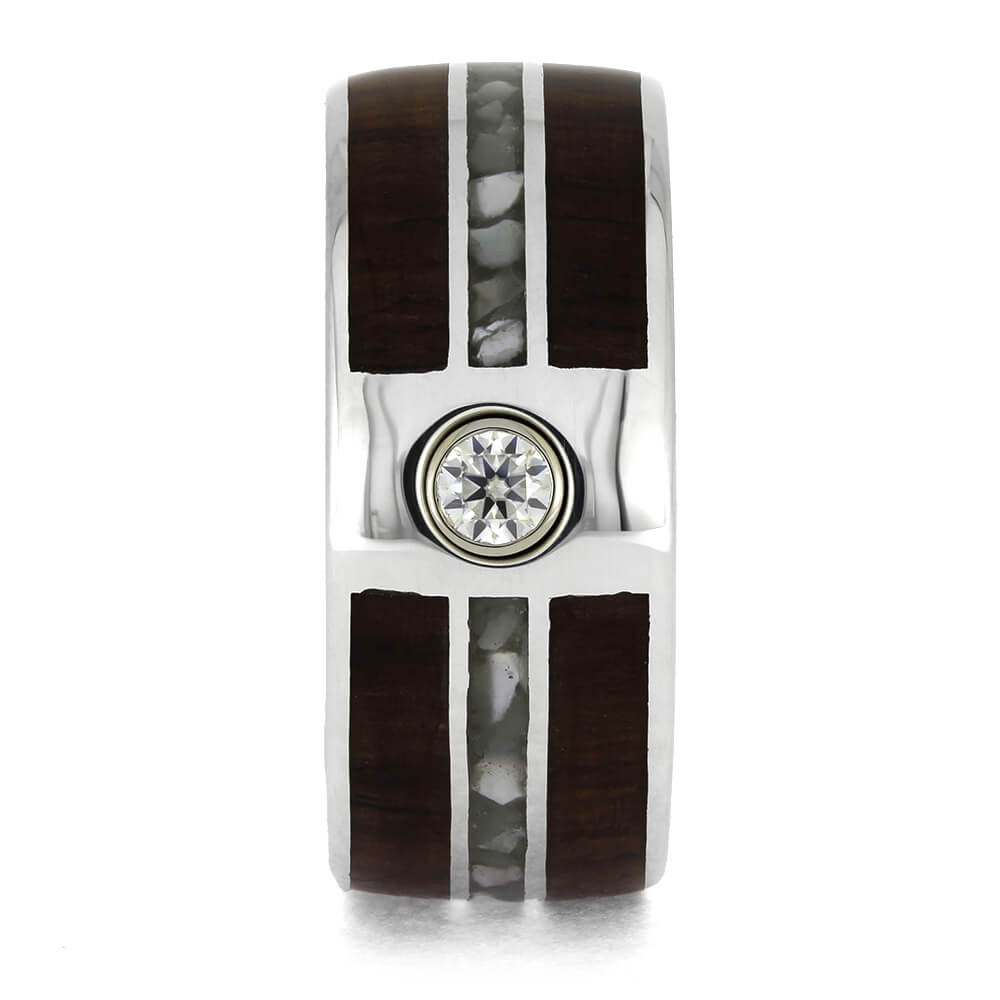 Moissanite Ring with Wood and Pearl Inlays