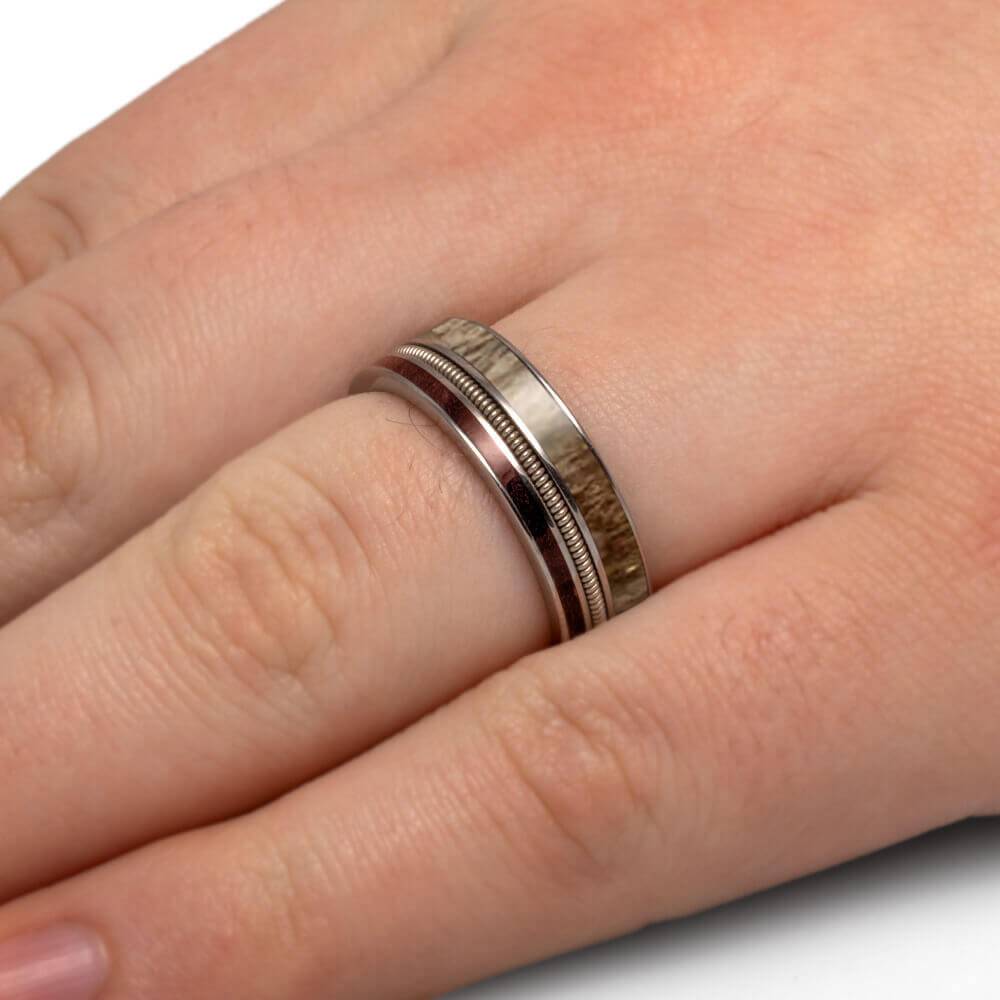 Rustic Wedding Band with Guitar String and Antler