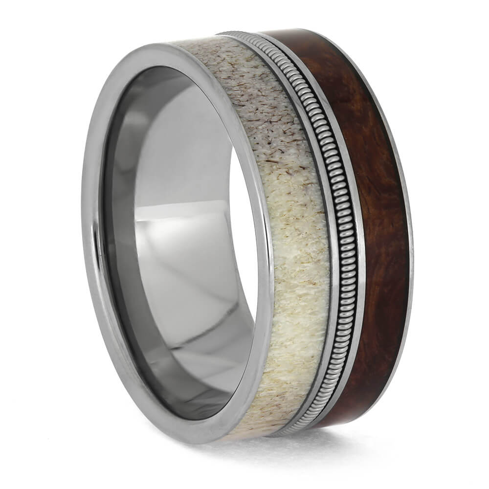 Guitar String Wedding Band with Antler and Wood