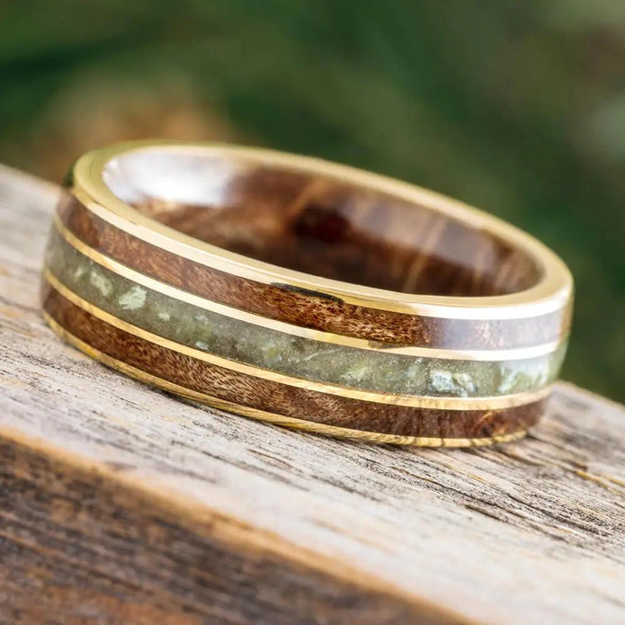 Gold Jade Wedding Band Maple Inlay 14k Gold, Jade Jewelry By