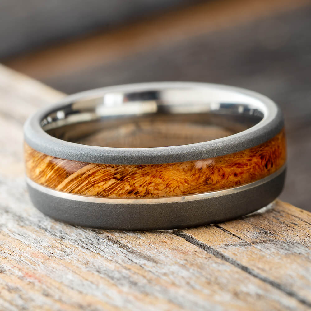 Masculine Wedding Band with Cherry Wood and Titanium