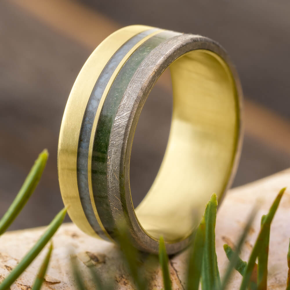 Meteorite and Birthstone Wedding Band for Men, Yellow Gold