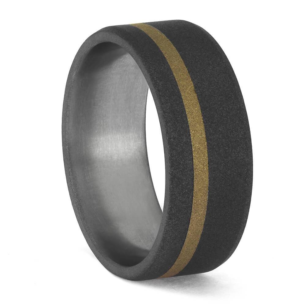 Sandblasted Titanium Wedding Band with Yellow Gold Pinstripe