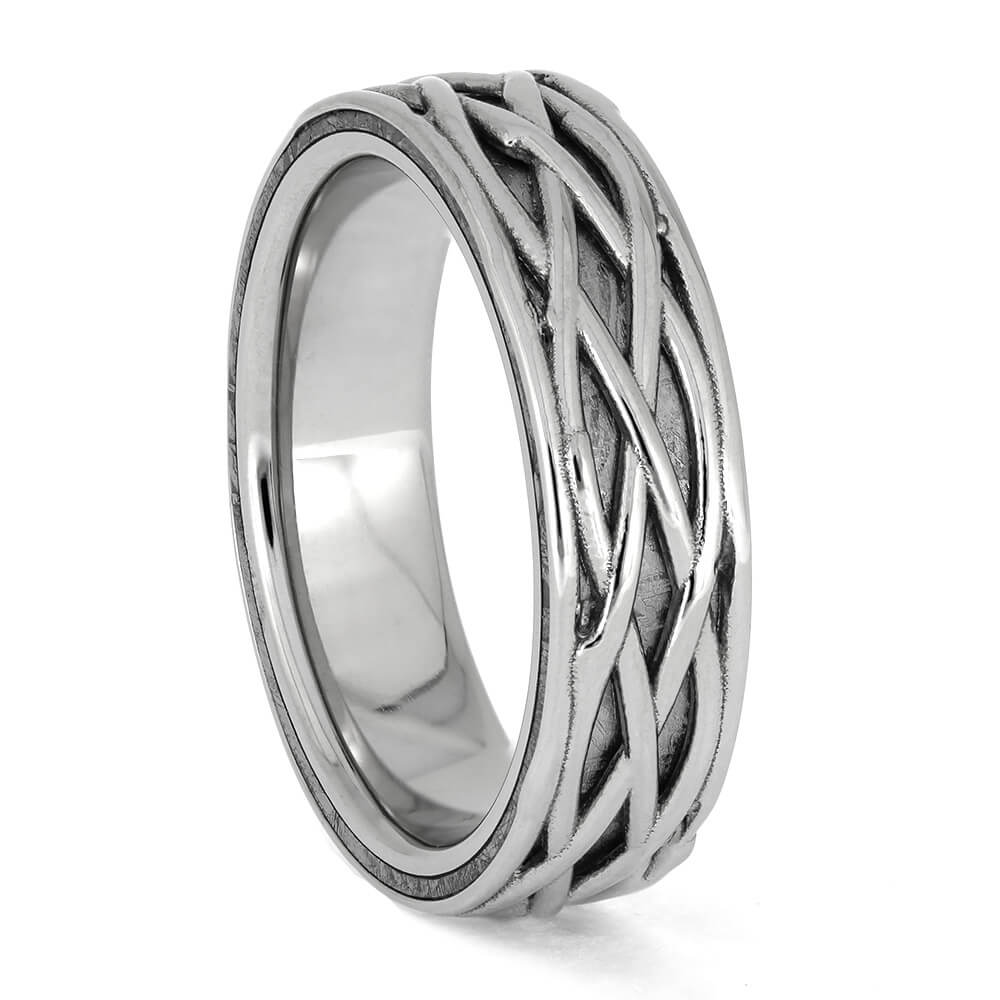 Silver filigree wedding band with meteorite detail