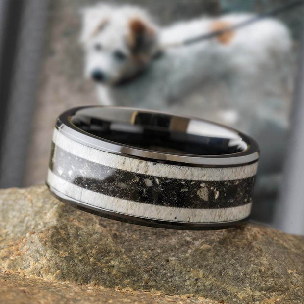 Memorial Ring in Black Ceramic with Antler