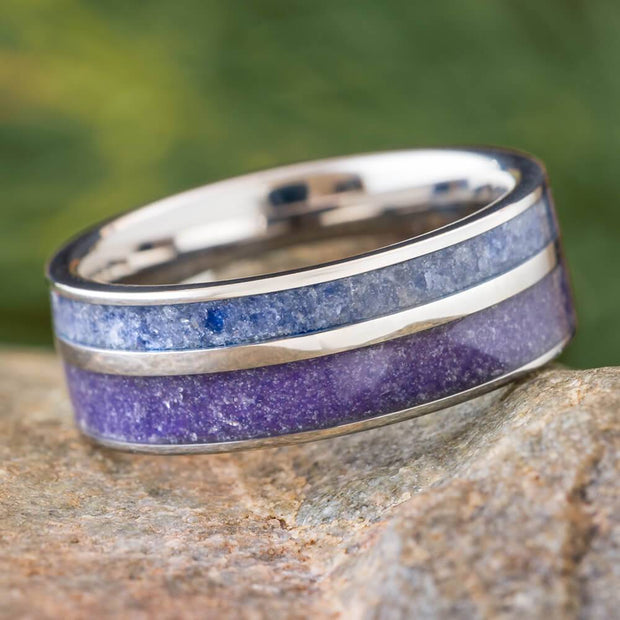 Titanium wedding band with crushed amethyst and tanzanite inlay.