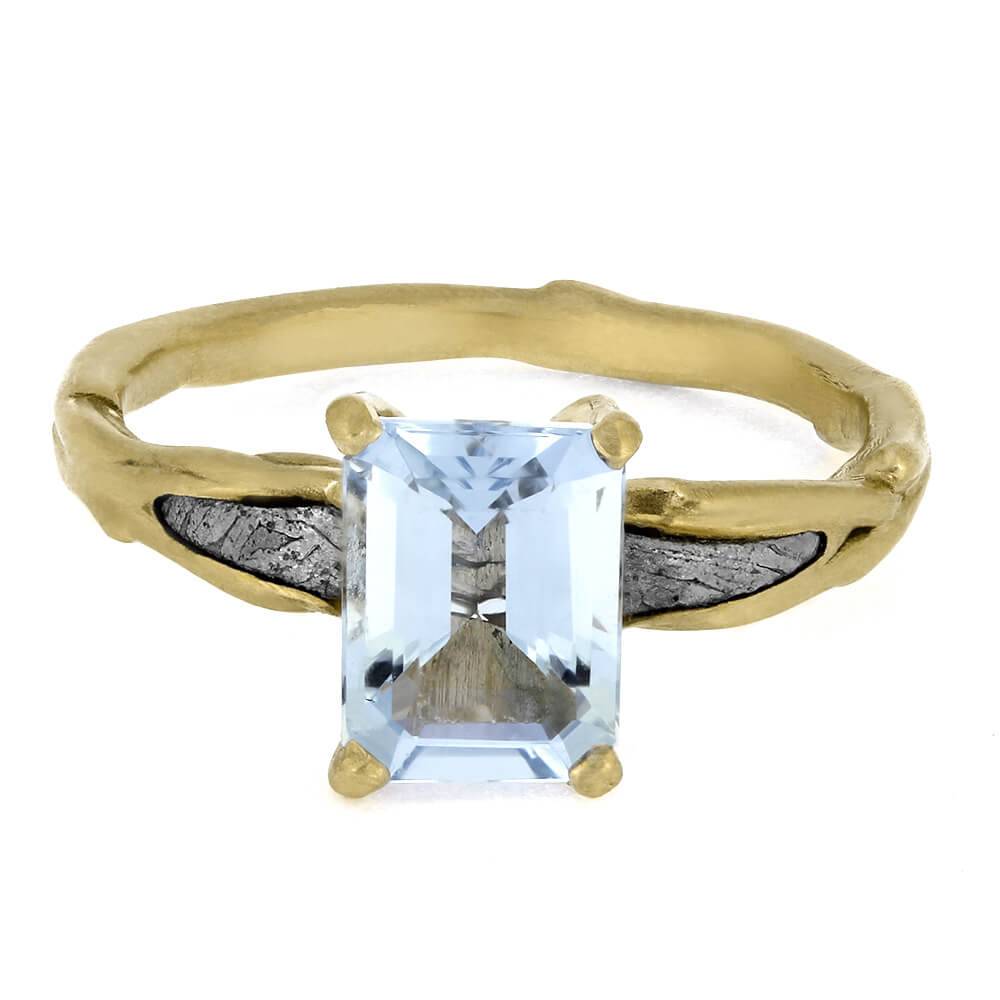 Front view of aquamarine ring with meteorite inlay