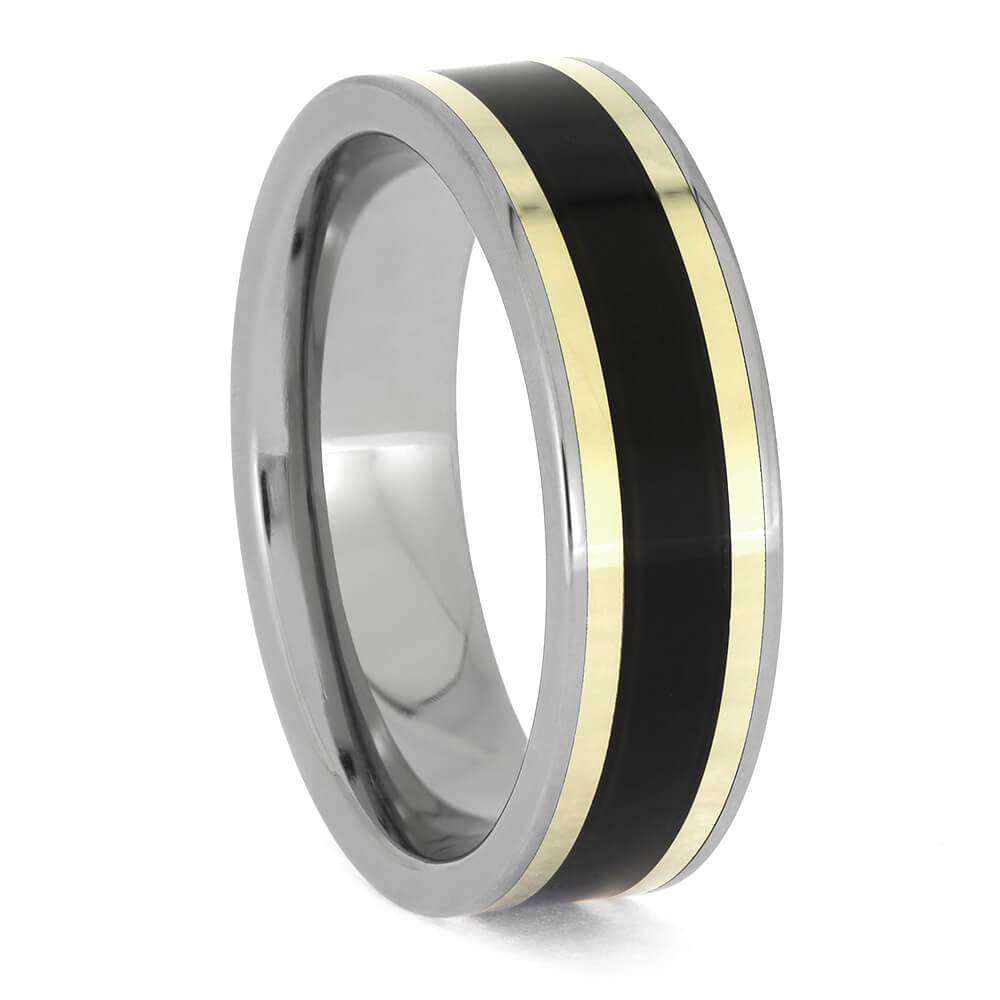 Side view of titanium ring with blackwood and white gold accents