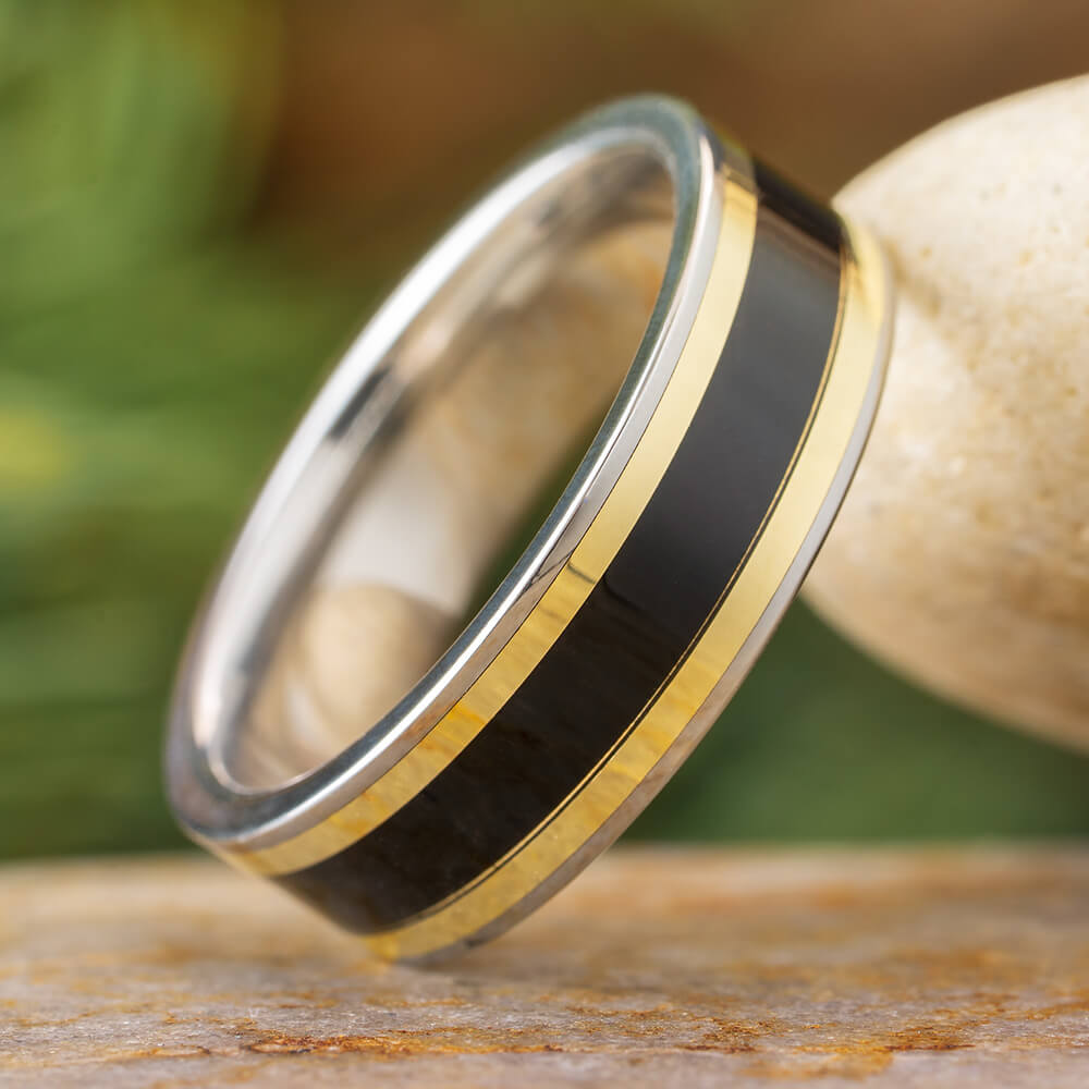 Yellow Gold and Titanium Ring with Blackwood