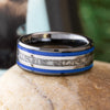 Blue Memorial Ring in Black Ceramic with Titanium Pinstripes