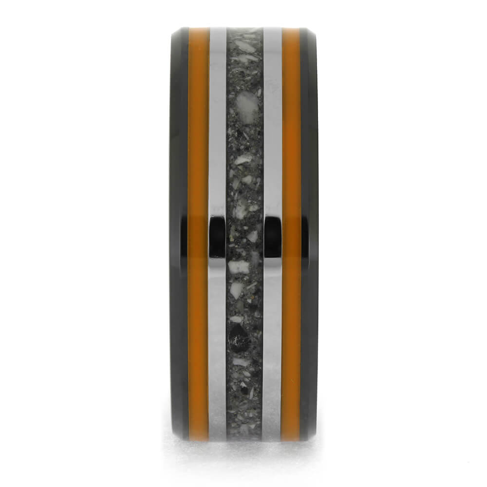 Side profile of Orange Memorial Ring with Enamel and Black Ceramic, highlighting 8mm width, polished finish, and triple inlay design for pet or loved one memorial.