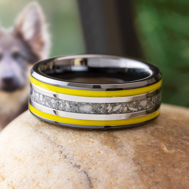 Black and Yellow Memorial Ring with Cremation Ashes