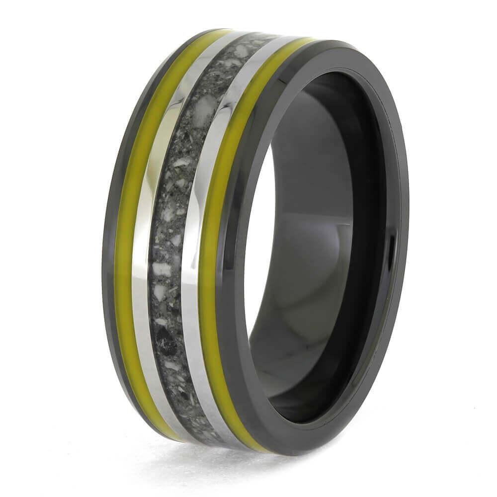 Cremation Memorial Ring with Yellow Pinstripes