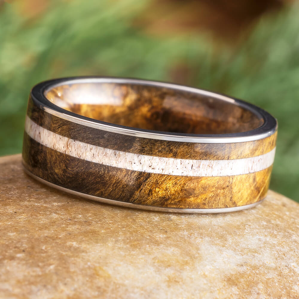 Buckeye Burl Wood Ring with Antler