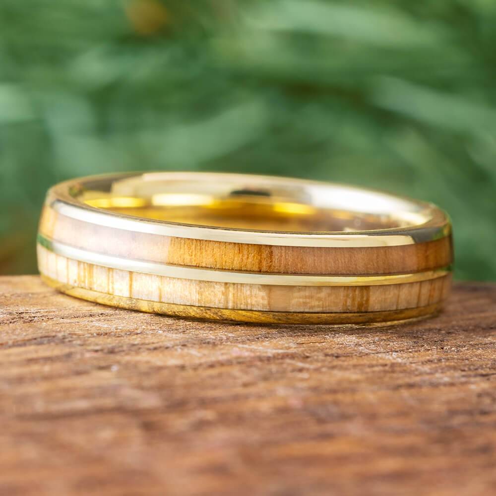 Double Wood Inlay Wedding Band in Yellow Gold | Jewelry by Johan ...