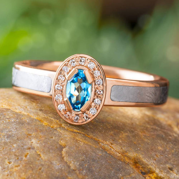 Meteorite engagement ring with blue topaz and diamond halo