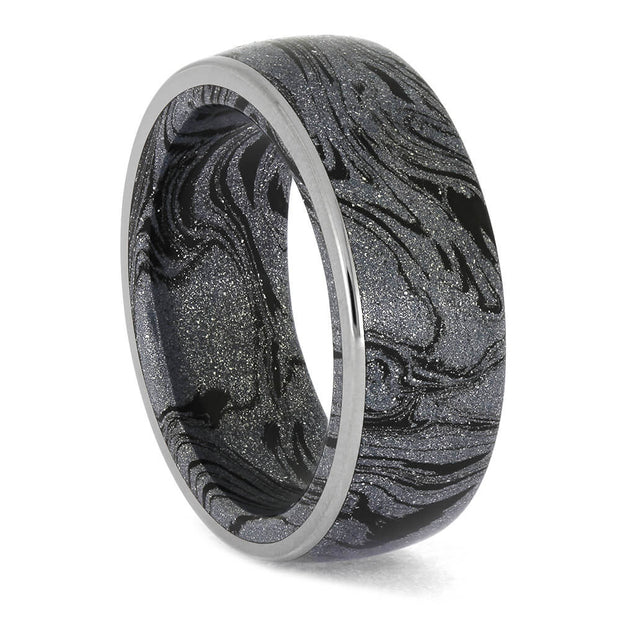 Blue mokume ring with titanium edge, unique patterns