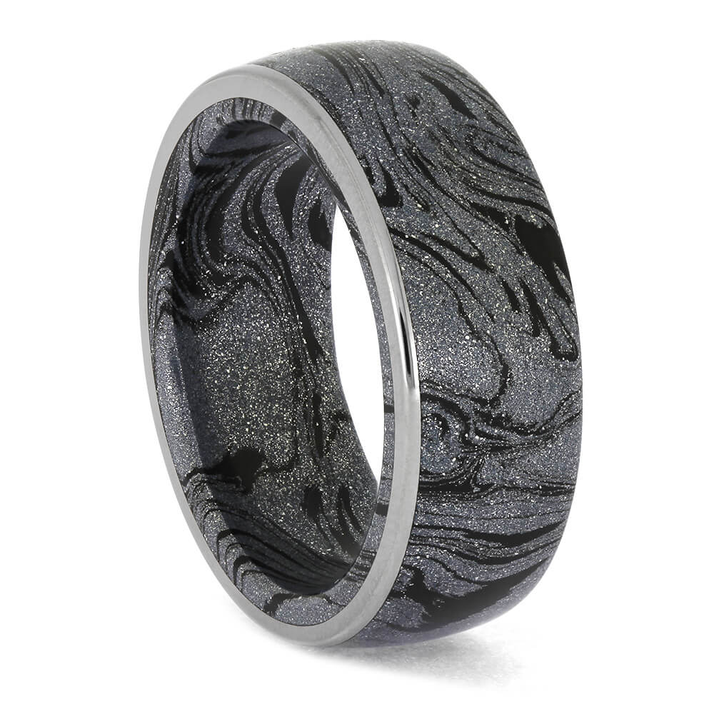 Blue mokume ring with titanium edge, unique patterns
