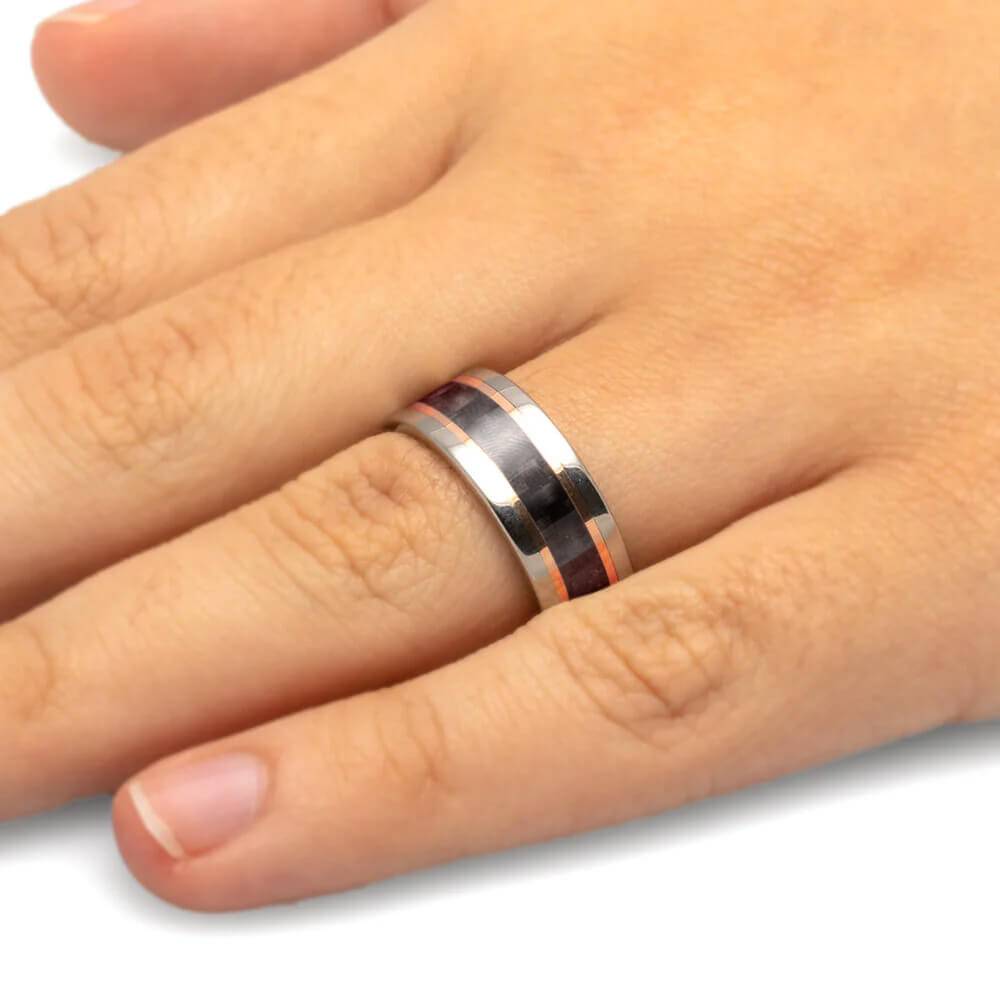 Handmade Carbon Fiber Ring with Rose Gold Pinstripes