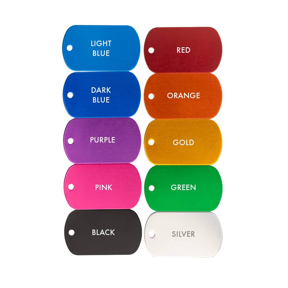 Color options for dog tag keychains: blue, red, orange, etc.