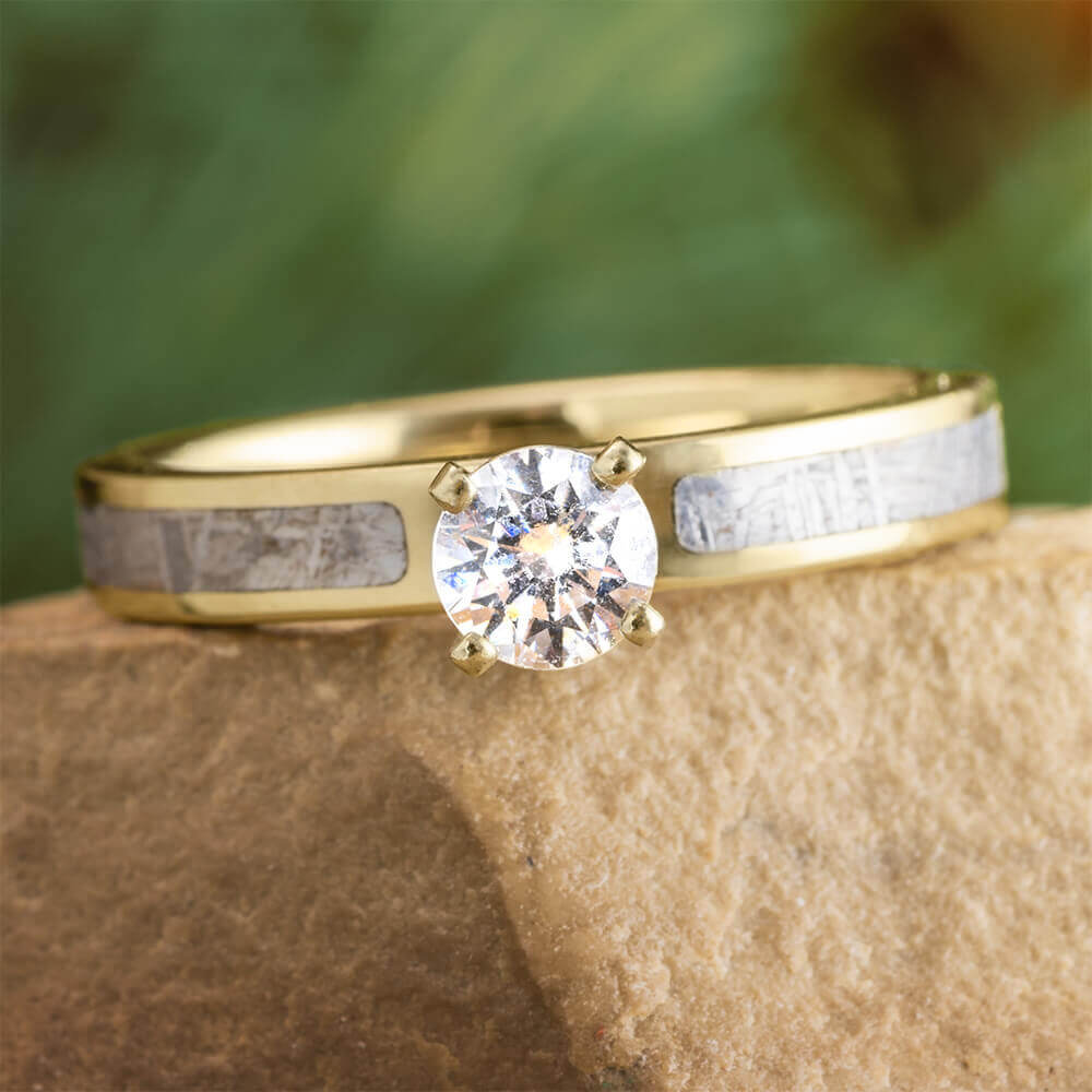 Yellow Gold Diamond Solitaire with Meteorite