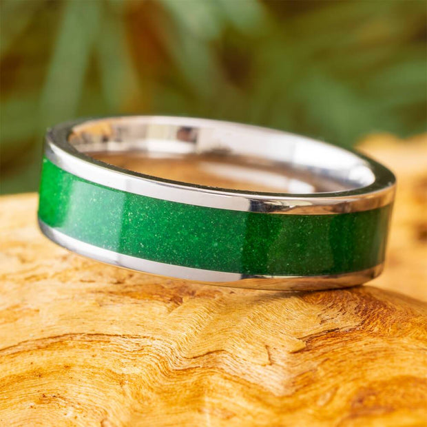 Green Sand Wedding Band in Titanium