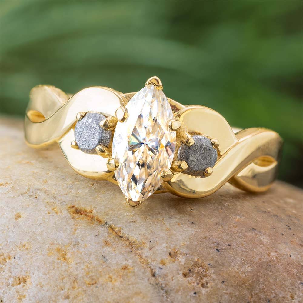 Marquise Cut Engagement Ring with Twist Shank and Meteorite Stones -  Unknown - Send Ring Sizer First