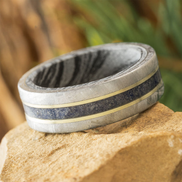 White Gold and Meteorite Wedding Band with Sapphires