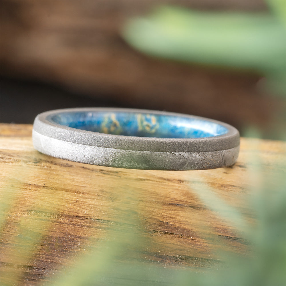 Meteorite and Blue Wood Ring in Titanium