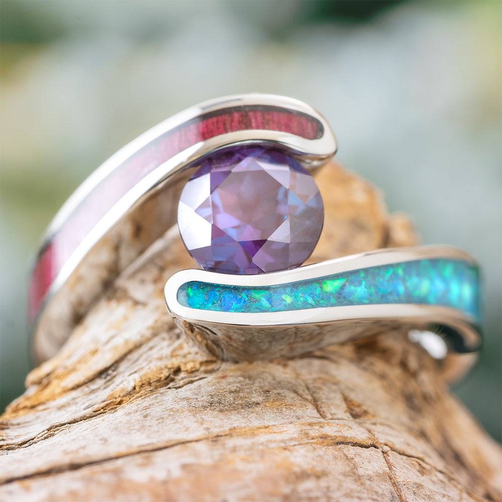 Colorful Engagement Ring with Wood Opal and Alexandrite Jewelry by Johan