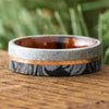 Ironwood meteorite wedding band with rose gold pinstripe