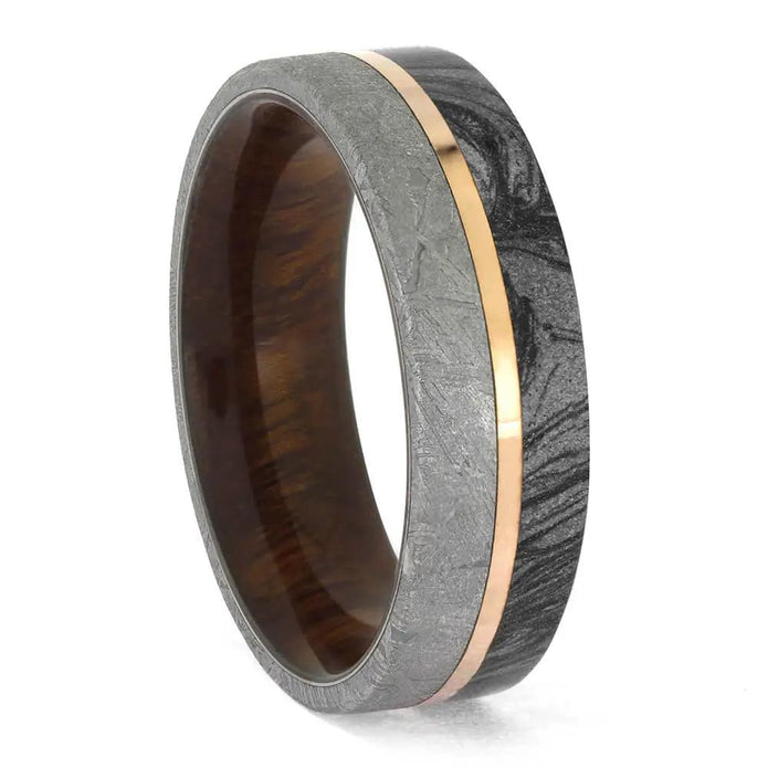 Meteorite and mokume wedding band with rose gold accent