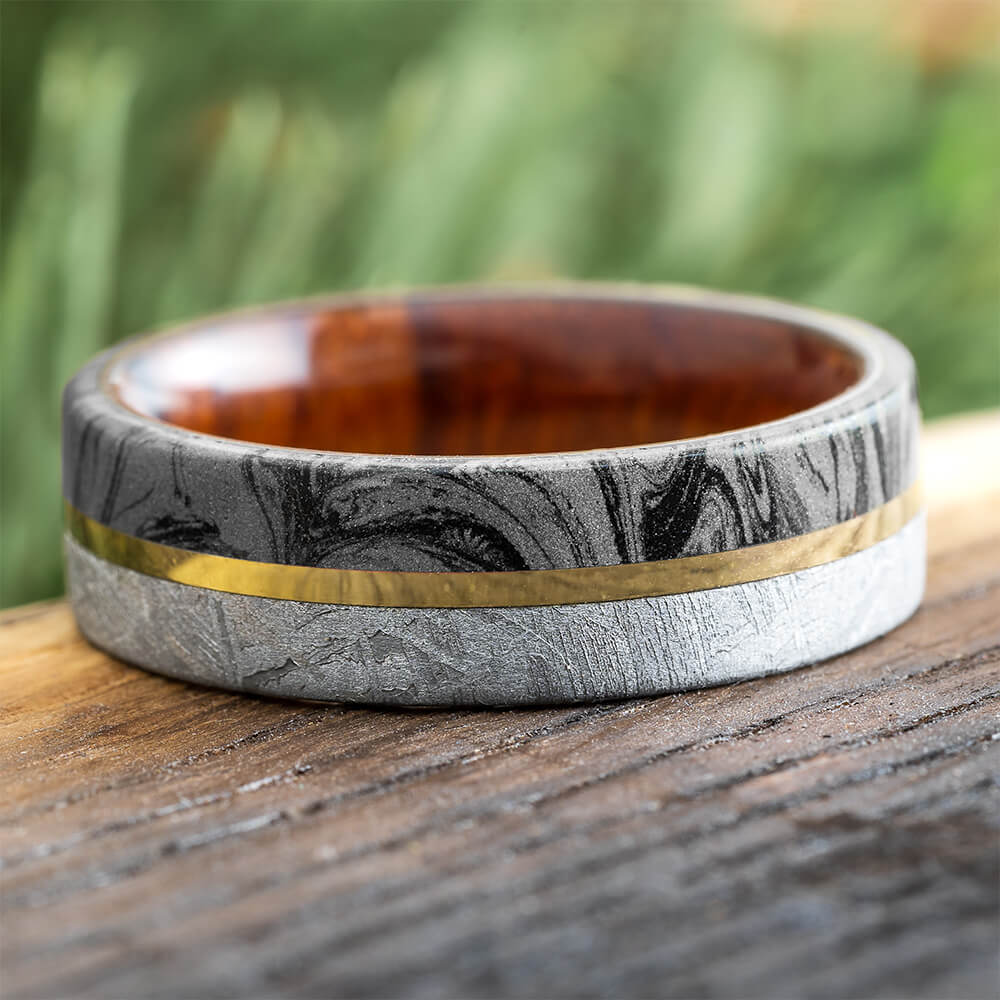 Mokume Gane and Meteorite Ring with Ironwood and Gold