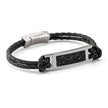 Black braided leather bracelet with silver tag on a white background