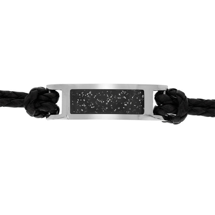 Black braided bracelet with a silver tag on a white background