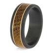 Elegant Black Zirconium Ring with natural whiskey barrel oak wood and Rose Gold detailing, perfect for modern wedding bands.