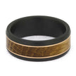 Matte-finish Black Zirconium Ring with warm whiskey barrel wood and Rose Gold pinstripes, handcrafted for men's wedding jewelry.